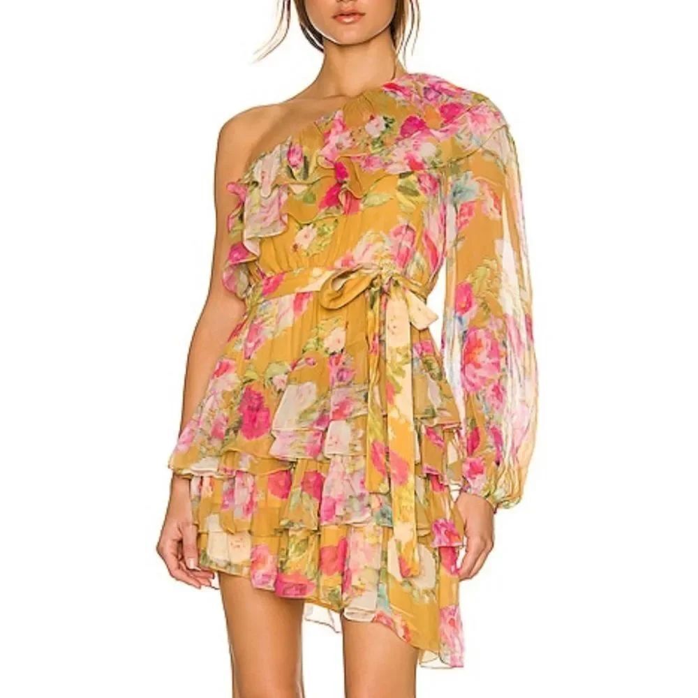 NWT Rococo Sand Avar Belted One Shoulder Dress in Ochre Revolve Large